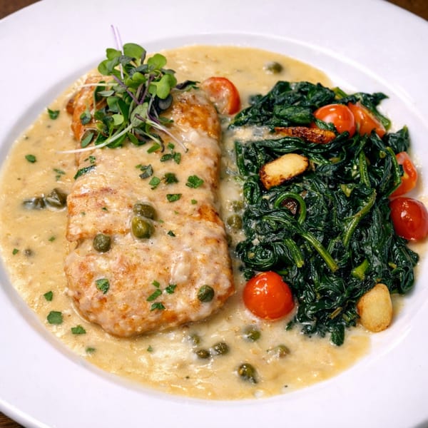 Chicken piccata with capers and microgreens, served with sautéed spinach, cherry tomatoes, and garlic.