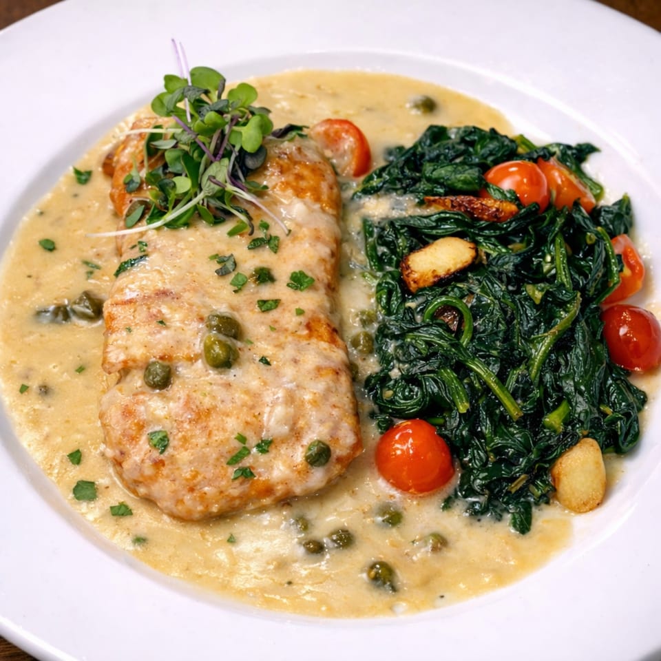 Chicken piccata with capers and microgreens, served with sautéed spinach, cherry tomatoes, and garlic.