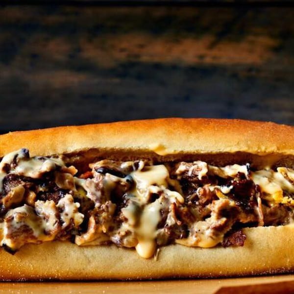 Close-up of a cheesy steak and mushroom hoagie with melted cheese oozing out.