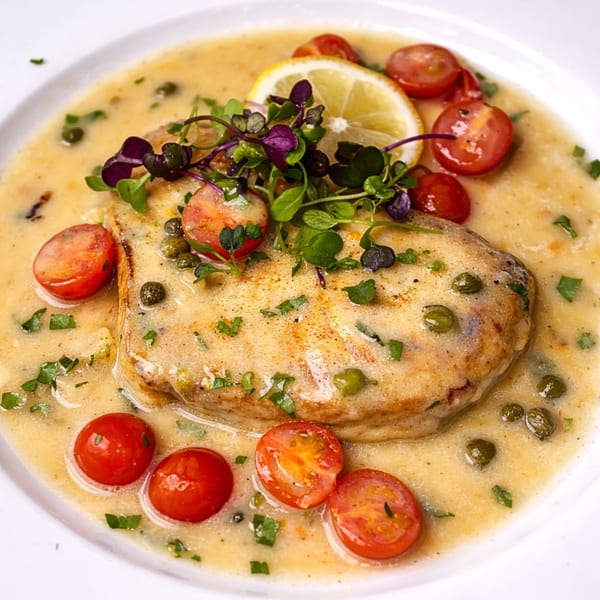 Pan-seared fish in a creamy sauce with cherry tomatoes, capers, microgreens, and a lemon slice.